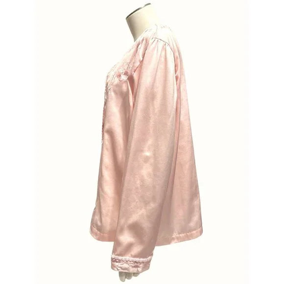 Nordstrom Intimates Size L Blush Pink Satin Embroidered Floral Lounge Top - Picture 4 of 11